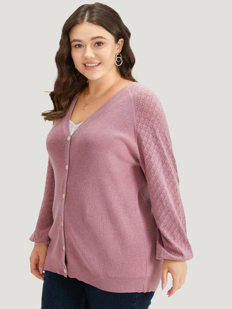 Plain Raglan Sleeve Eyelet Button Fly Cardigan - Image 4