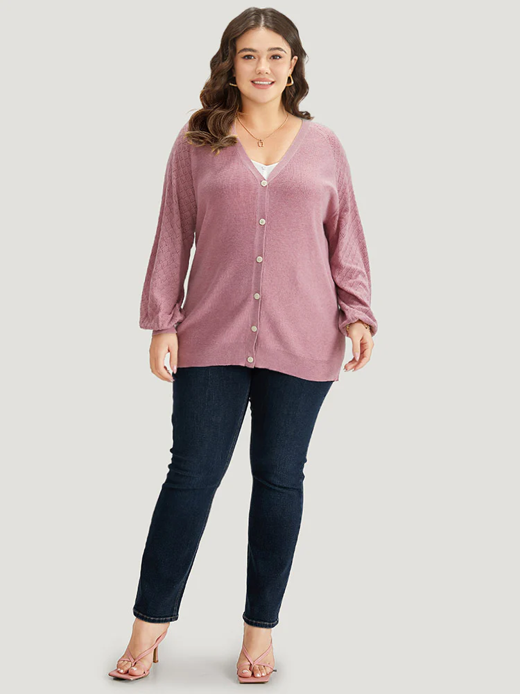 Plain Raglan Sleeve Eyelet Button Fly Cardigan - Image 5