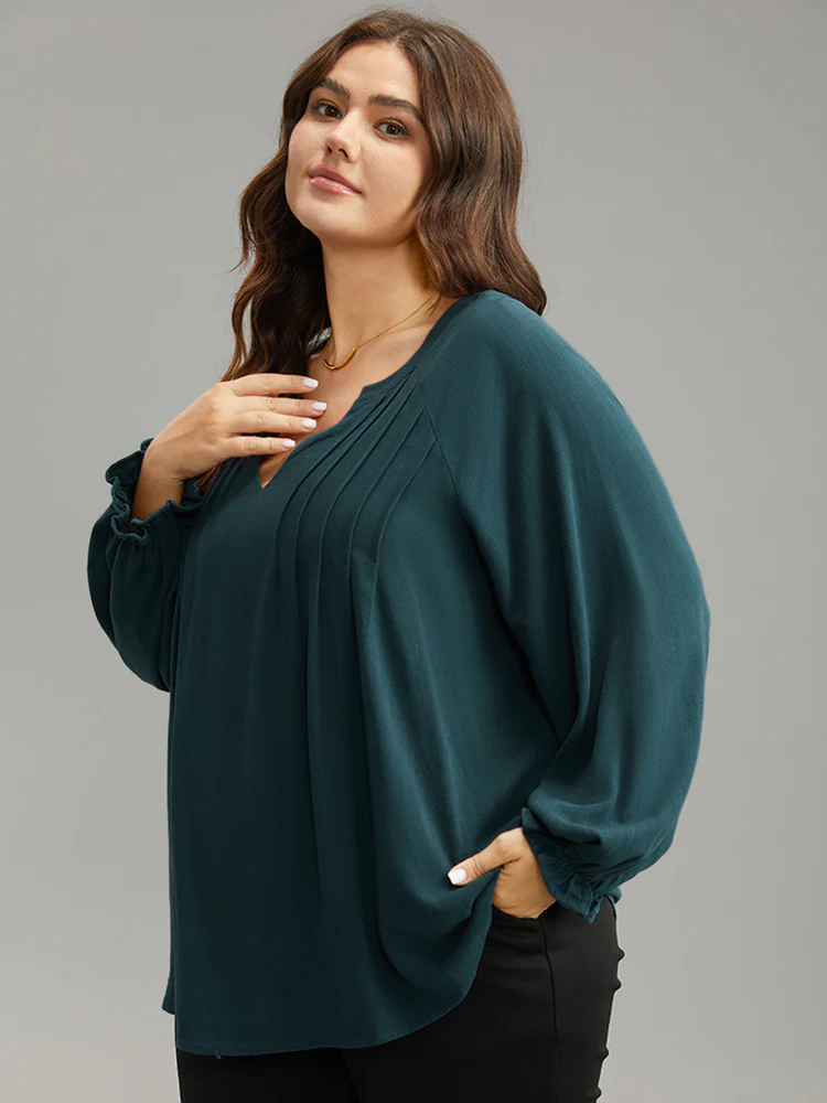 Plain Raglan Sleeve Plicated Detail Blouse - Image 3
