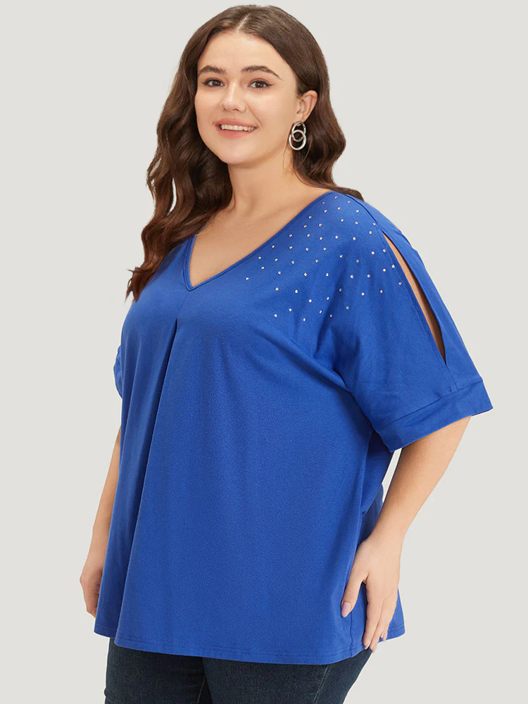 Plain Rhinestone Dolman Sleeve Cut Out T-shirt - Image 3