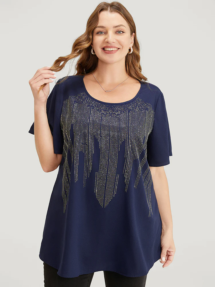 Plain Rhinestones Detail Ruffles Sleeve Blouse - Image 2