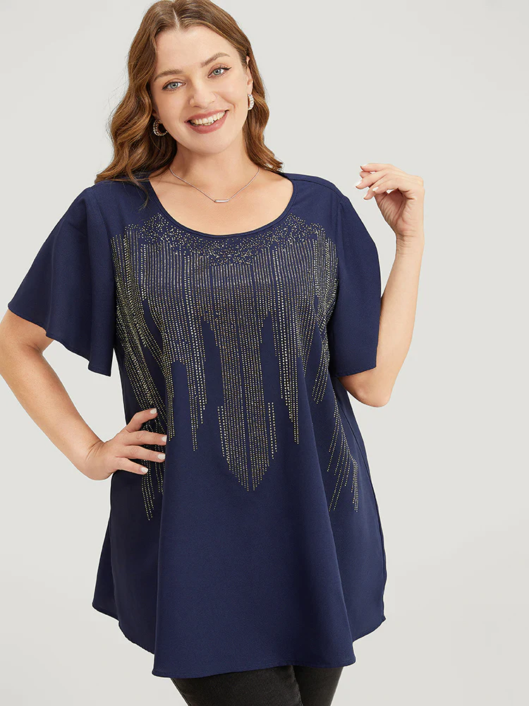 Plain Rhinestones Detail Ruffles Sleeve Blouse - Image 3