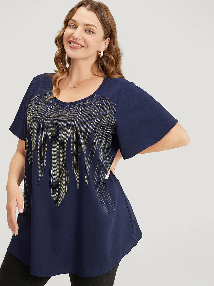 Plain Rhinestones Detail Ruffles Sleeve Blouse - Image 4