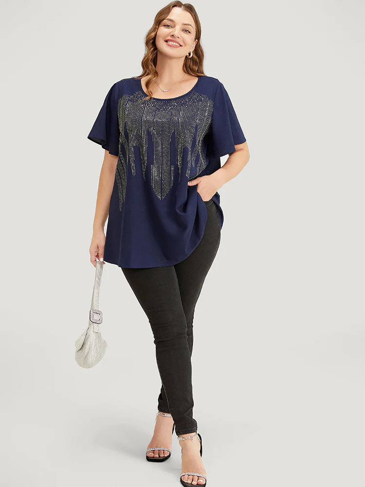 Plain Rhinestones Detail Ruffles Sleeve Blouse - Image 5
