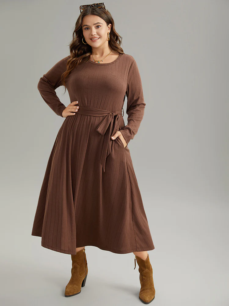 Plain Rib Knit Belted Pocket Dress - Image 2