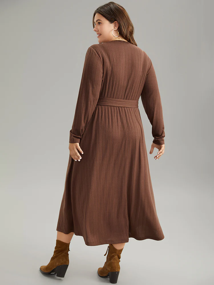Plain Rib Knit Belted Pocket Dress - Image 3