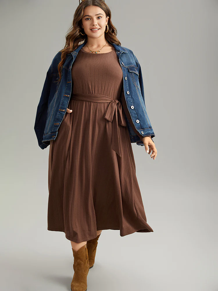 Plain Rib Knit Belted Pocket Dress - Image 4