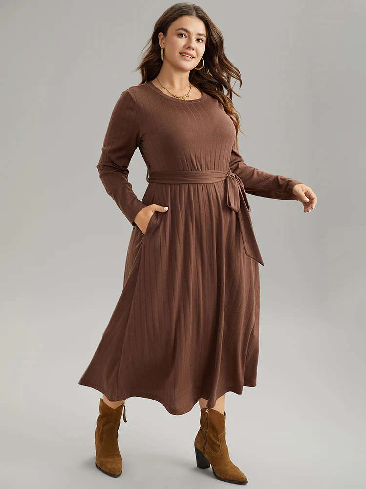 Plain Rib Knit Belted Pocket Dress - Image 5