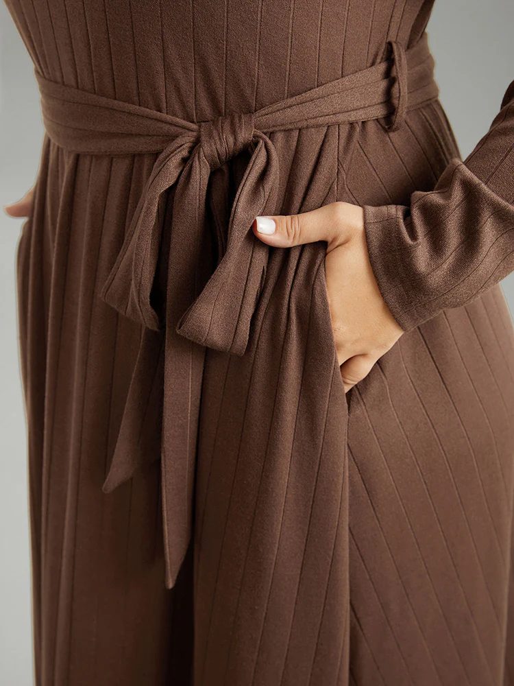 Plain Rib Knit Belted Pocket Dress - Image 7