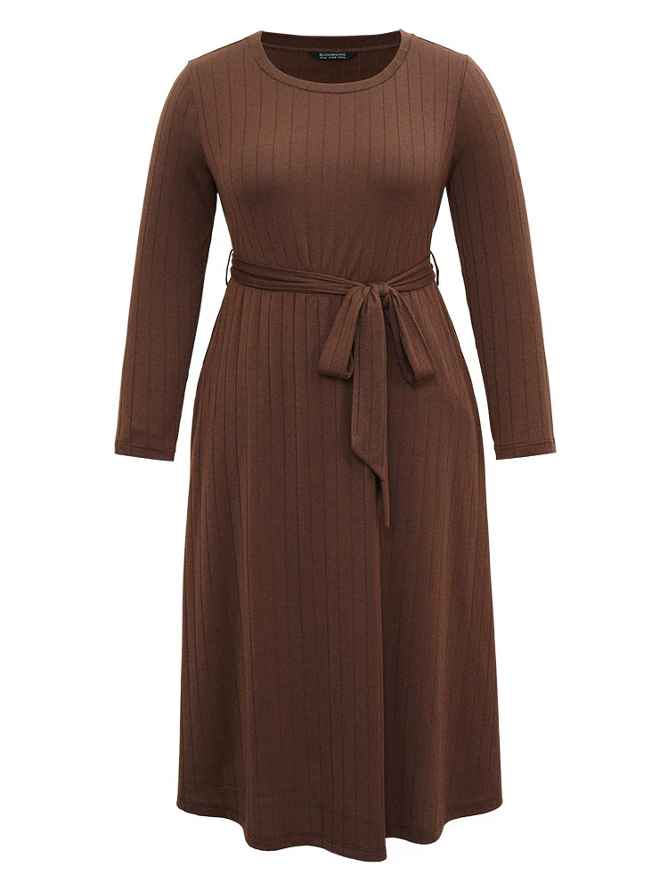 Plain Rib Knit Belted Pocket Dress - Image 8