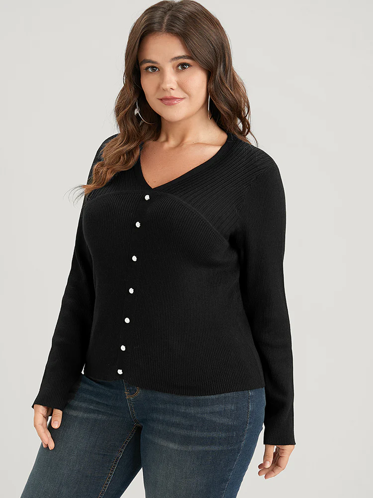 Plain Rib Knit Button Front Knit Top - Image 2