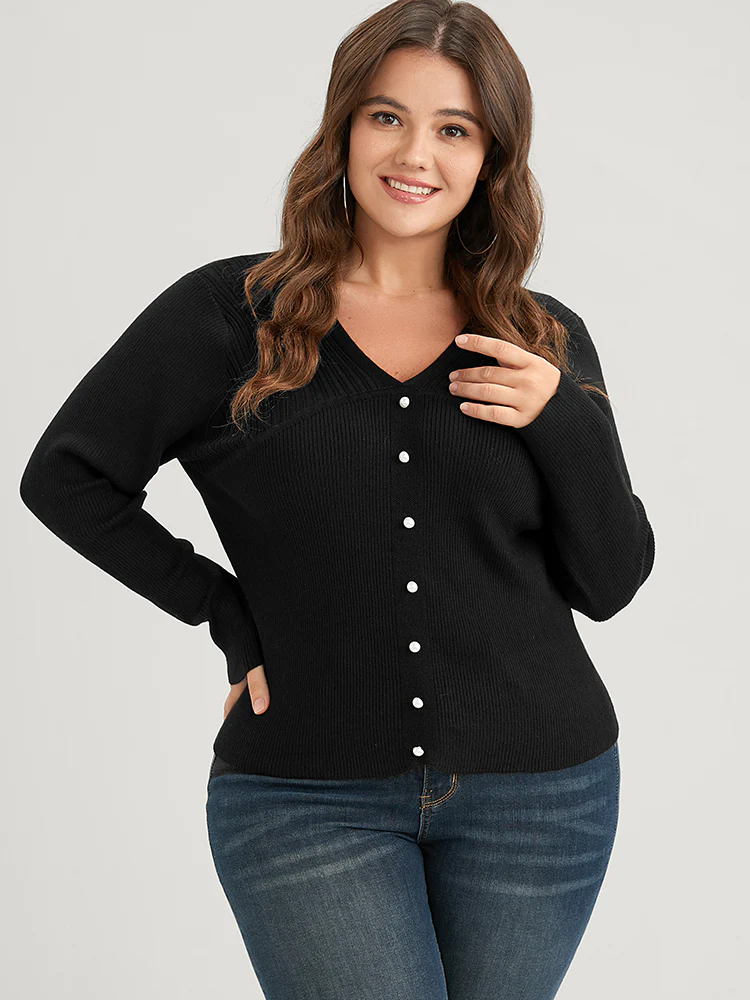 Plain Rib Knit Button Front Knit Top - Image 3