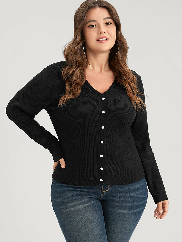 Plain Rib Knit Button Front Knit Top - Image 4