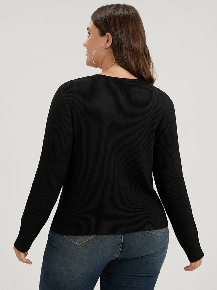 Plain Rib Knit Button Front Knit Top - Image 6