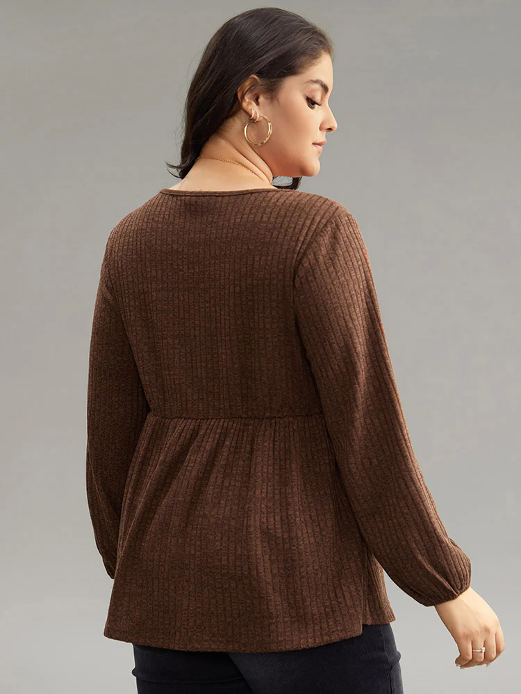 Plain Rib Knit Gathered Lantern Sleeve T-shirt - Image 2