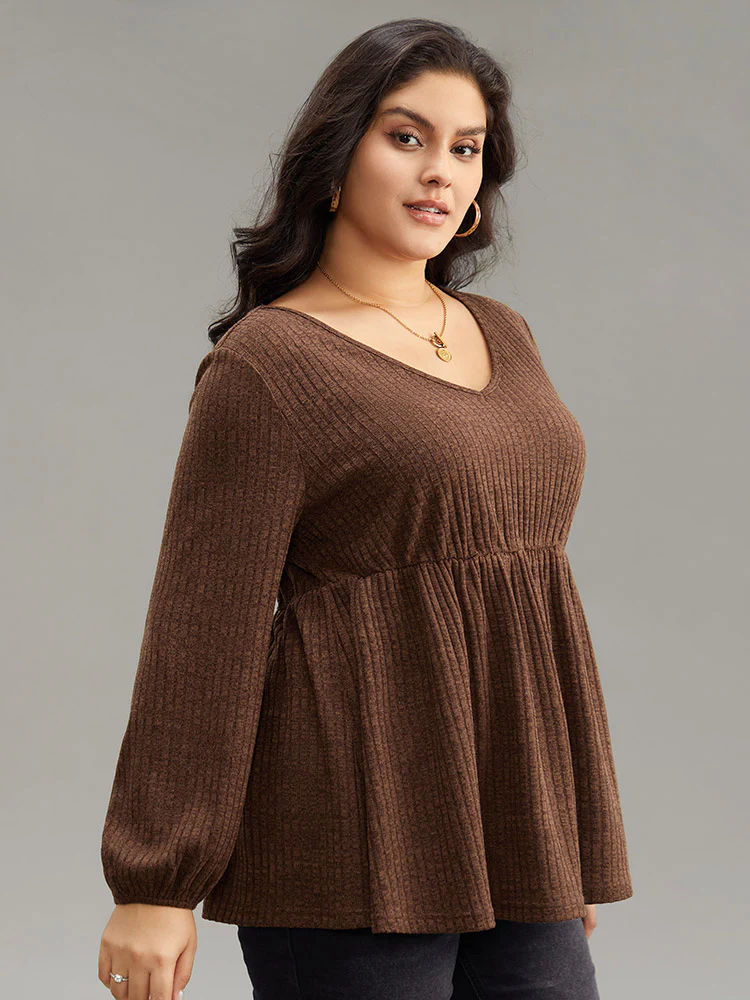 Plain Rib Knit Gathered Lantern Sleeve T-shirt - Image 3