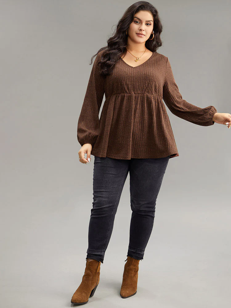 Plain Rib Knit Gathered Lantern Sleeve T-shirt - Image 4