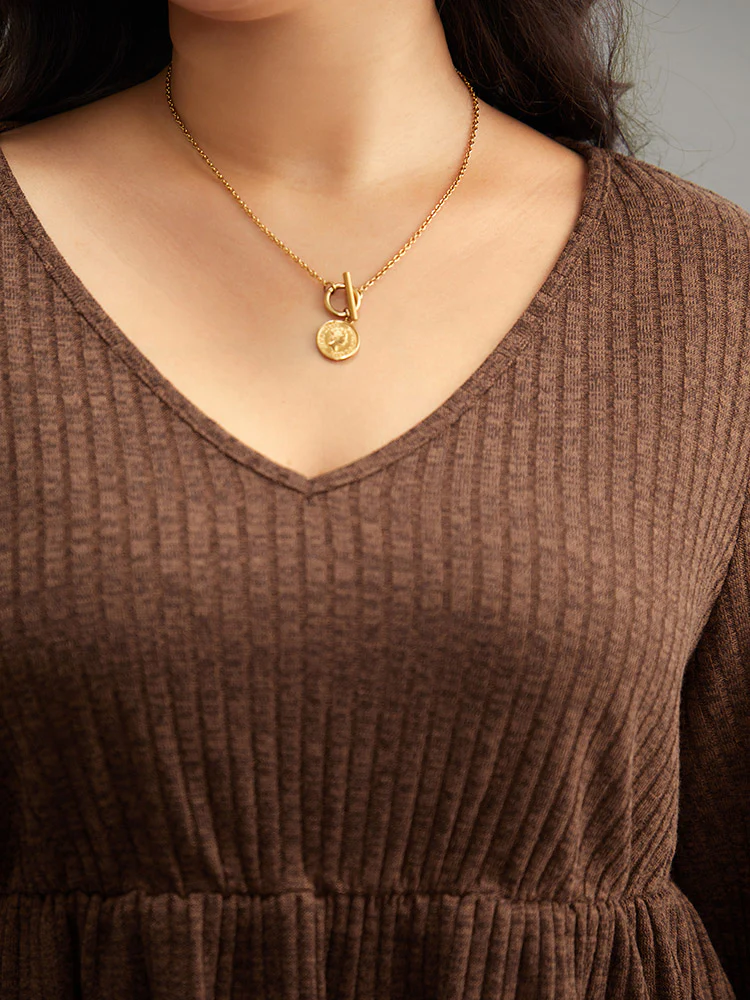 Plain Rib Knit Gathered Lantern Sleeve T-shirt - Image 5