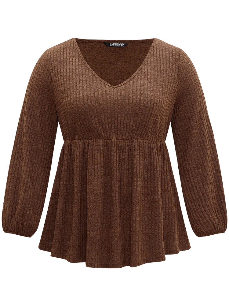 Plain Rib Knit Gathered Lantern Sleeve T-shirt - Image 7