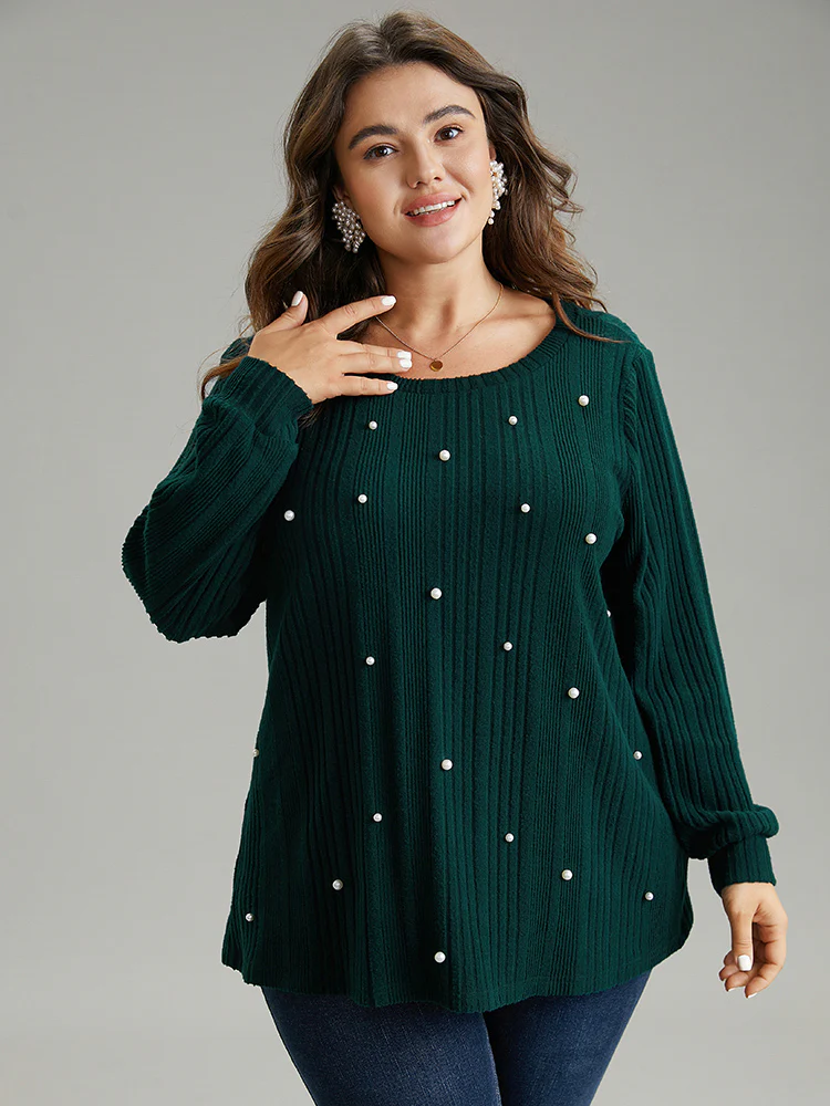 Plain Rib Knit Pearl Beaded Sweatshirt - Image 3