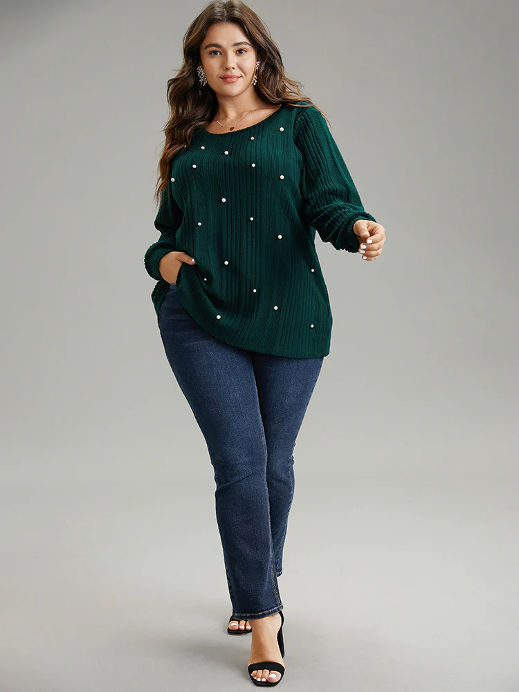 Plain Rib Knit Pearl Beaded Sweatshirt - Image 4