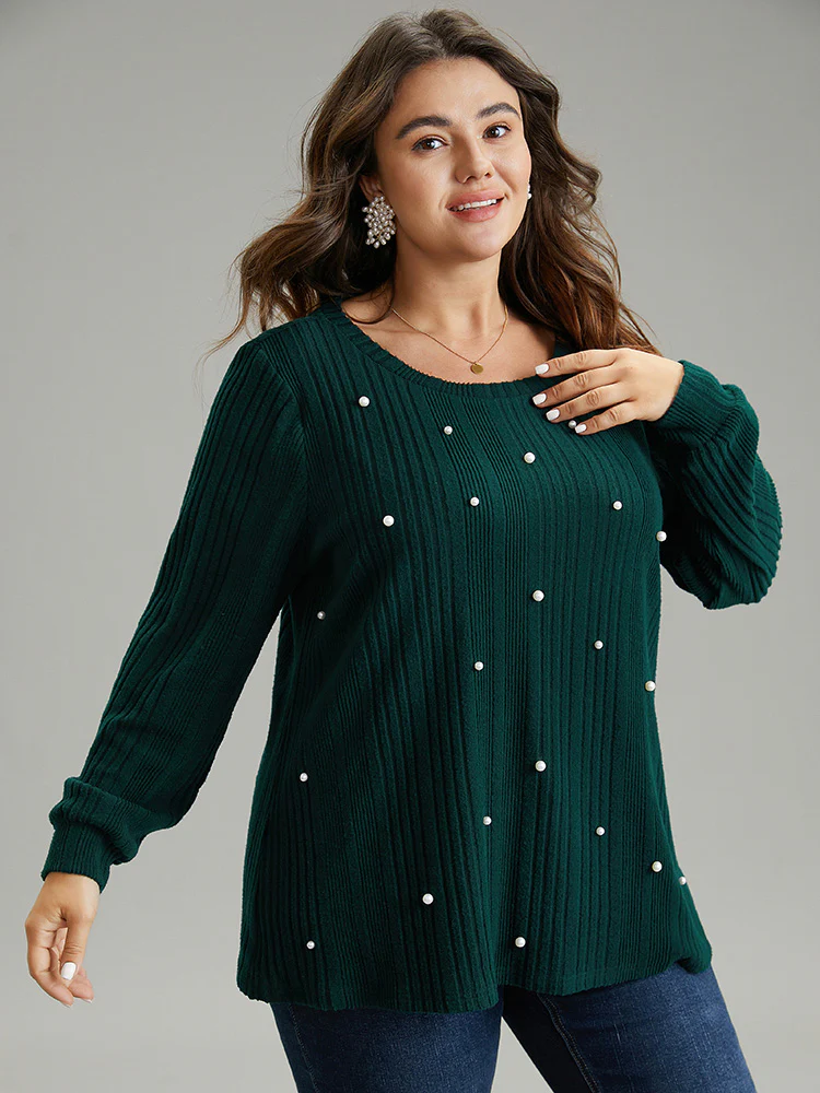 Plain Rib Knit Pearl Beaded Sweatshirt - Image 5