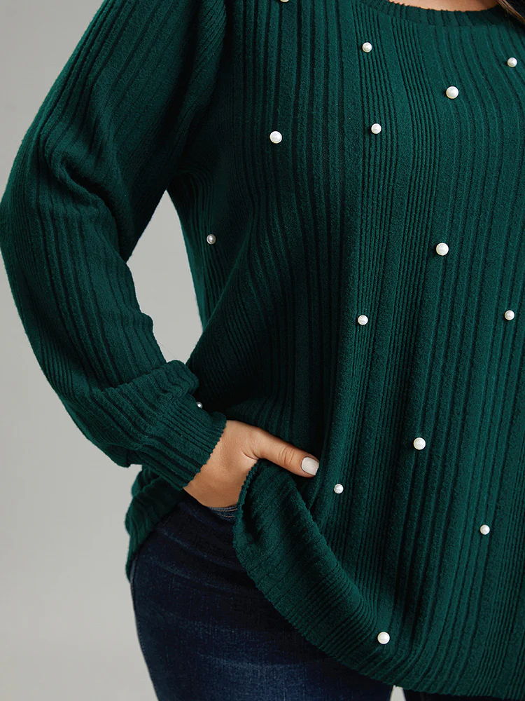Plain Rib Knit Pearl Beaded Sweatshirt - Image 6
