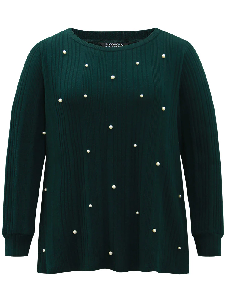 Plain Rib Knit Pearl Beaded Sweatshirt - Image 7