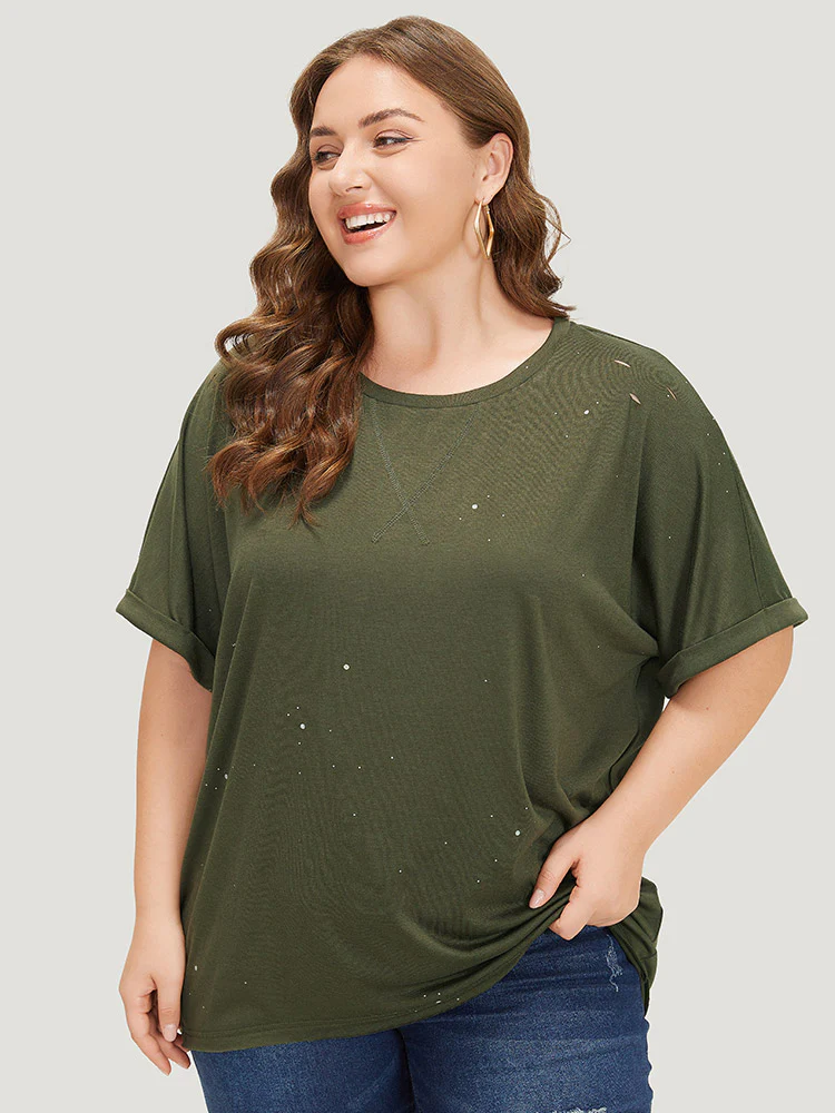 Plain Ripped Detail Crew Neck T-shirt - Image 2