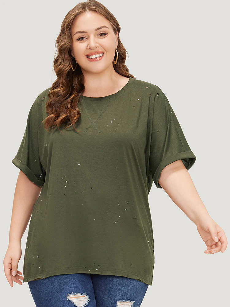 Plain Ripped Detail Crew Neck T-shirt - Image 3