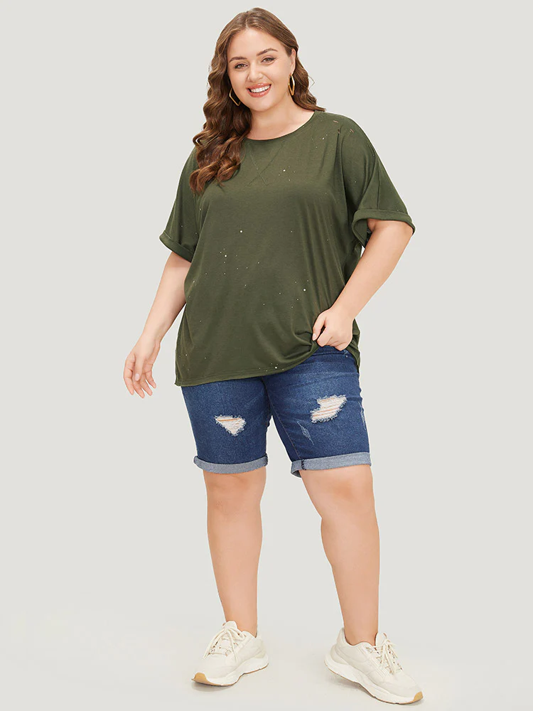 Plain Ripped Detail Crew Neck T-shirt - Image 4