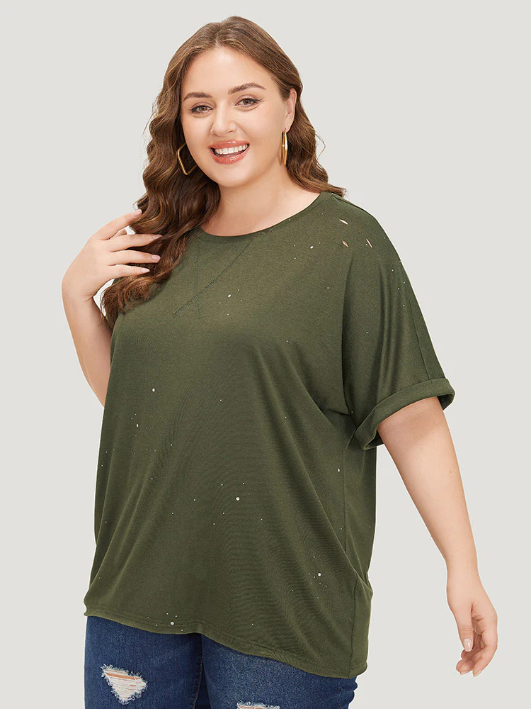Plain Ripped Detail Crew Neck T-shirt - Image 5