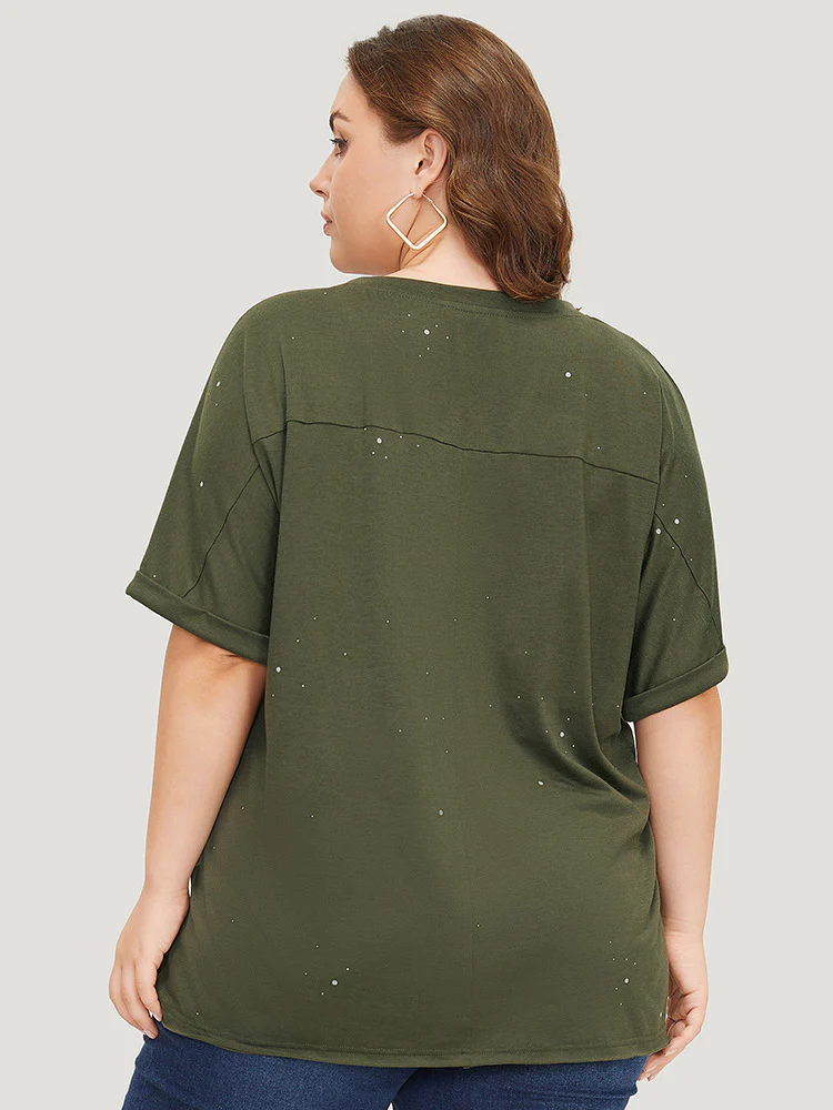 Plain Ripped Detail Crew Neck T-shirt - Image 6