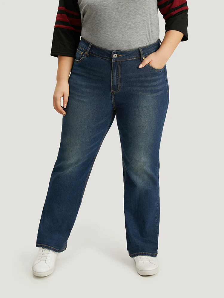 Plain Roll Hem Medium Wash Full Length Jeans - Image 2