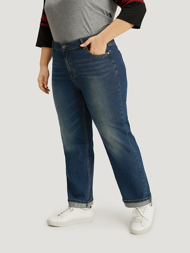 Plain Roll Hem Medium Wash Full Length Jeans - Image 4