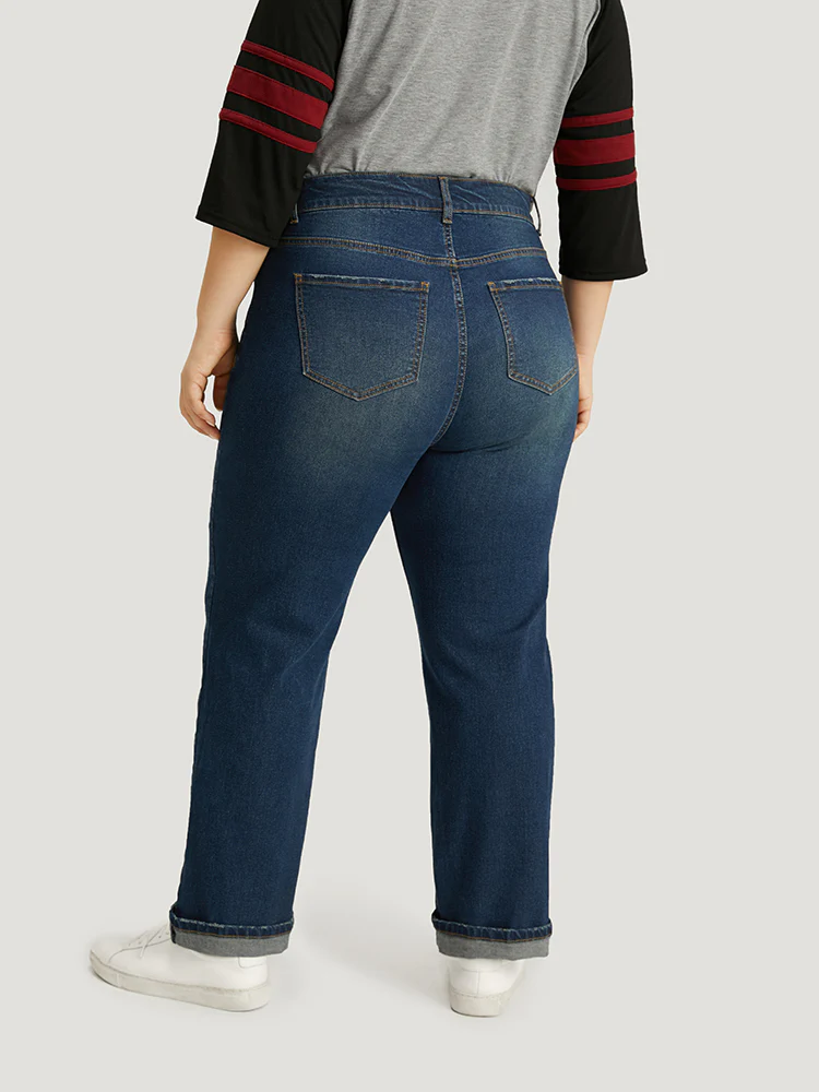 Plain Roll Hem Medium Wash Full Length Jeans - Image 5