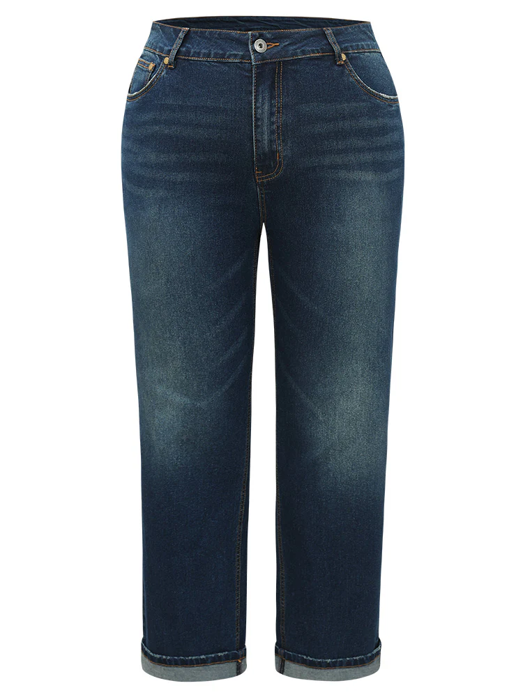 Plain Roll Hem Medium Wash Full Length Jeans - Image 9