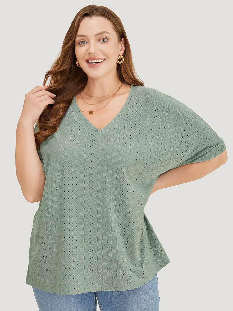 Plain Roll Sleeve Broderie Anglaise T-shirt - Image 2