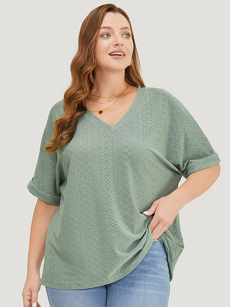 Plain Roll Sleeve Broderie Anglaise T-shirt - Image 3
