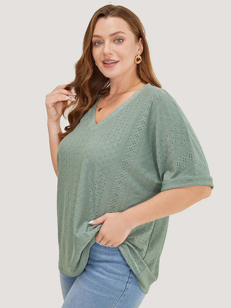 Plain Roll Sleeve Broderie Anglaise T-shirt - Image 4
