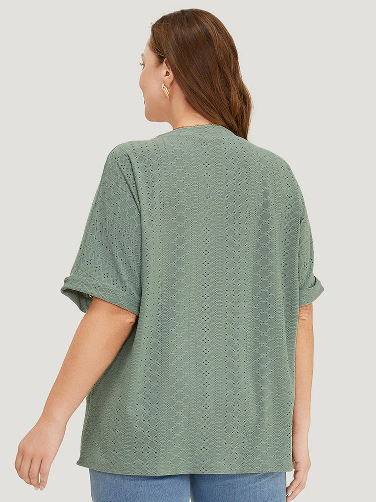 Plain Roll Sleeve Broderie Anglaise T-shirt - Image 5