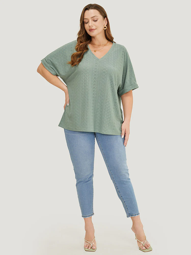 Plain Roll Sleeve Broderie Anglaise T-shirt - Image 6