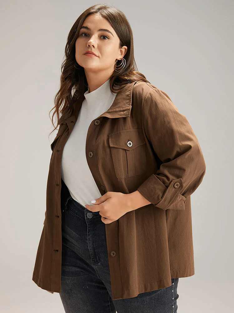 Plain Roll Tab Sleeve Button Down Coat - Image 2
