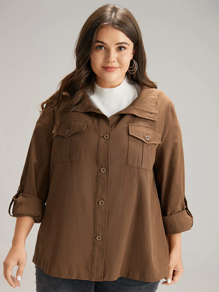 Plain Roll Tab Sleeve Button Down Coat - Image 3
