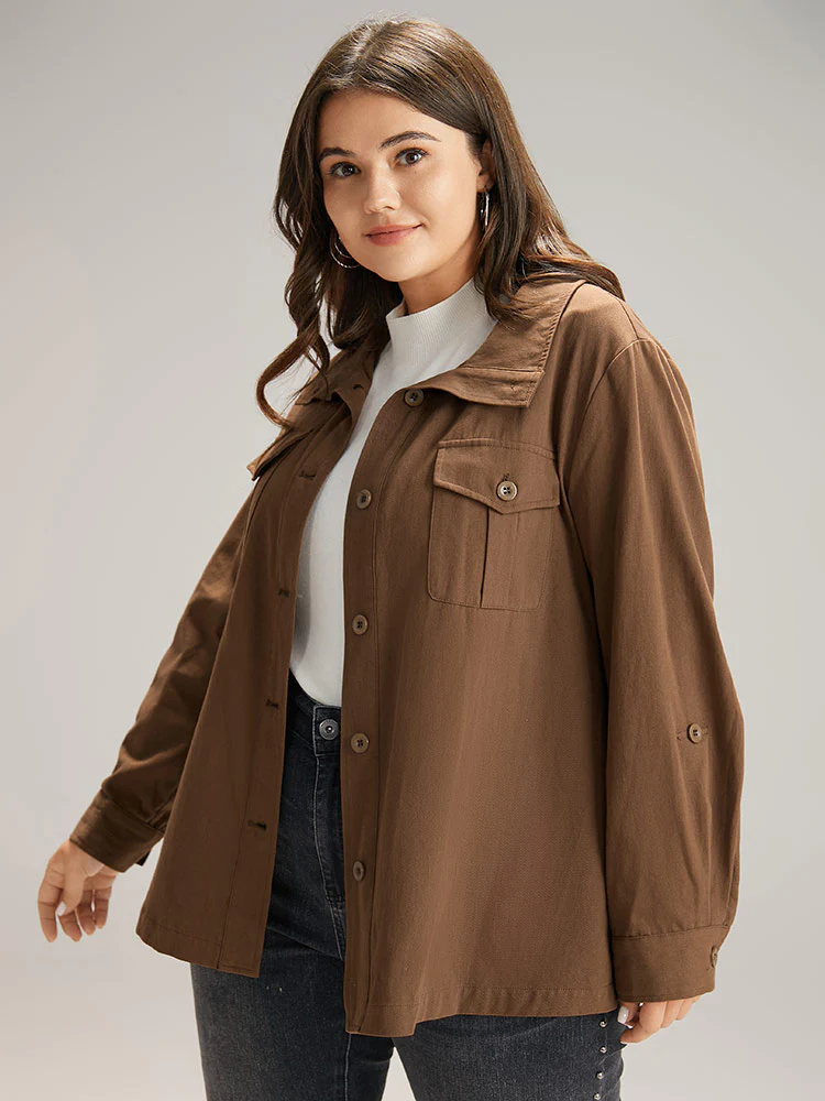 Plain Roll Tab Sleeve Button Down Coat - Image 5