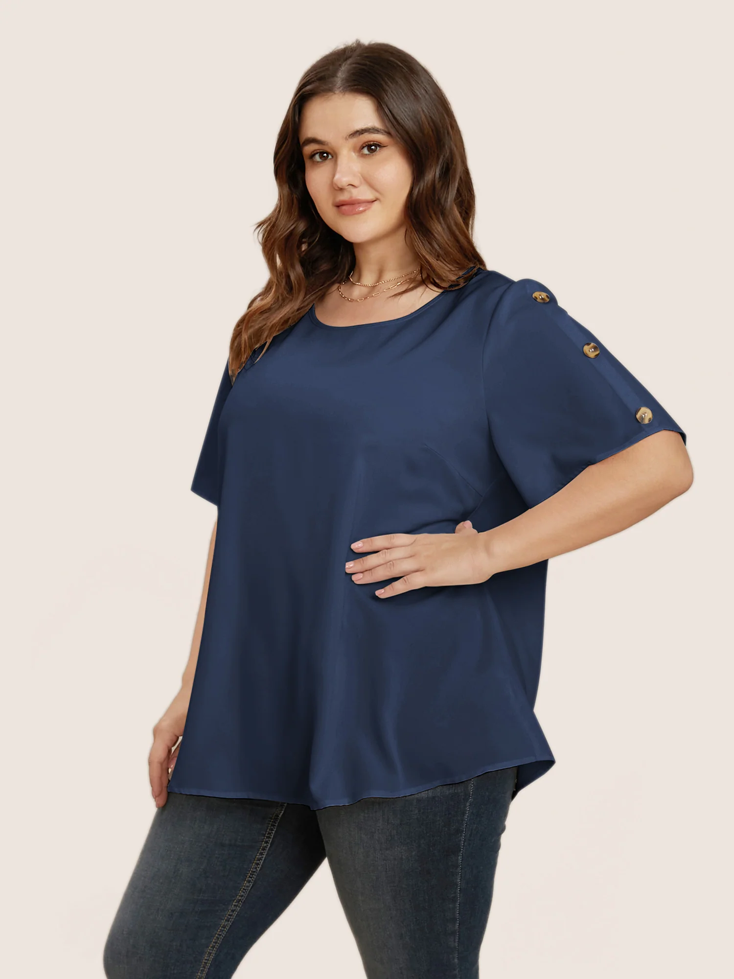 Plain Round Neck Button Detail Blouse - Image 2