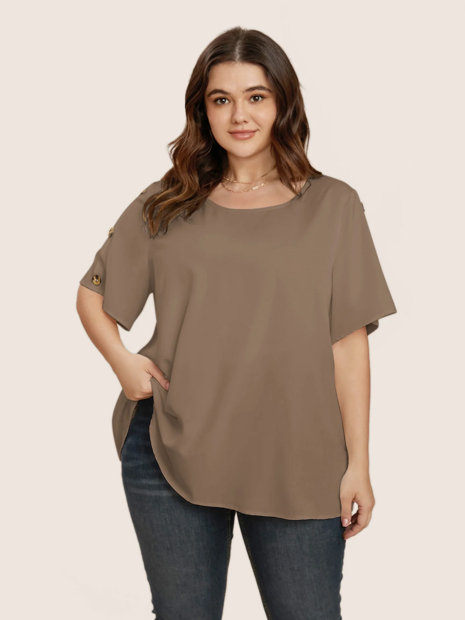 Plain Round Neck Button Detail Blouse - Image 4