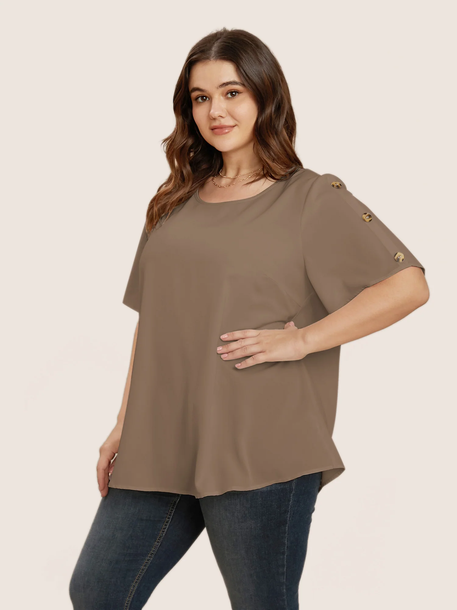 Plain Round Neck Button Detail Blouse - Image 5