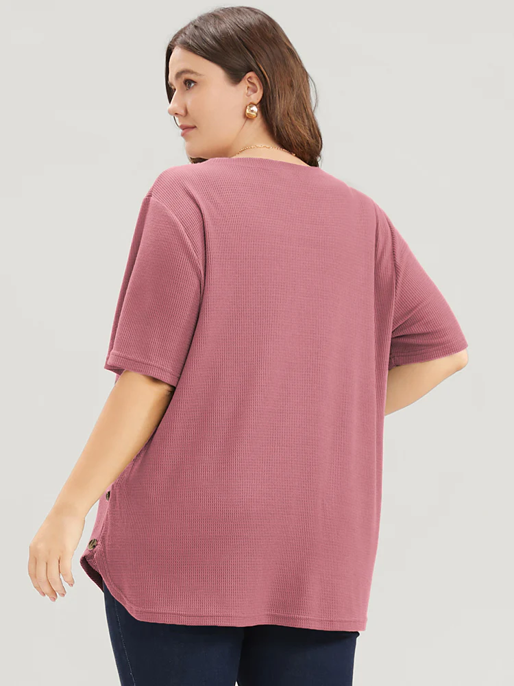 Plain Round Neck Button Detail Waffle Knit Tee - Image 2