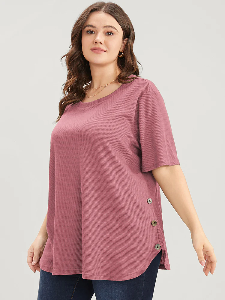 Plain Round Neck Button Detail Waffle Knit Tee - Image 3